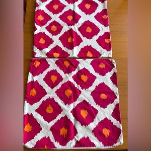 Pottery Barn red/white/orange ikat pillow covers w/zip closure 20” x 20”.